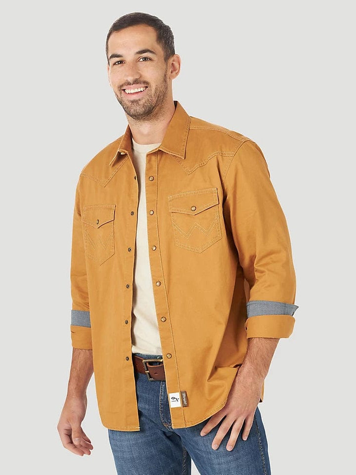 MEN'S WRANGLER RETRO® PREMIUM LONG SLEEVE WESTERN SNAP SOLID SHIRT IN RAWHIDE-Men's Shirts-Wrangler-Whiskey Ray's Boutique, Women's Western Wear Boutique in Waxahachie, TX