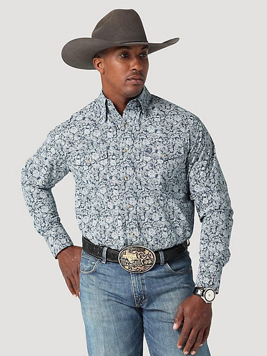 MENS GEORGE STRAIT TROUBADOUR LS WS PRINT SHIRT IN STEEL PAISLEY-Men's Shirts-Wrangler-Whiskey Ray's Boutique, Women's Western Wear Boutique in Waxahachie, TX