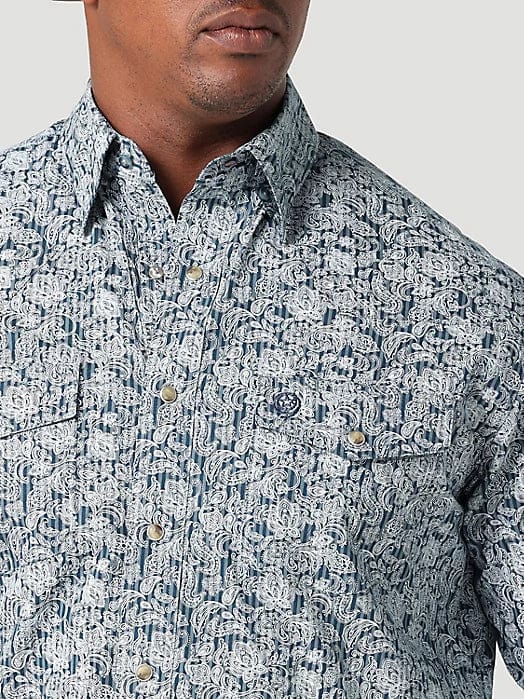 MENS GEORGE STRAIT TROUBADOUR LS WS PRINT SHIRT IN STEEL PAISLEY-Men's Shirts-Wrangler-Whiskey Ray's Boutique, Women's Western Wear Boutique in Waxahachie, TX