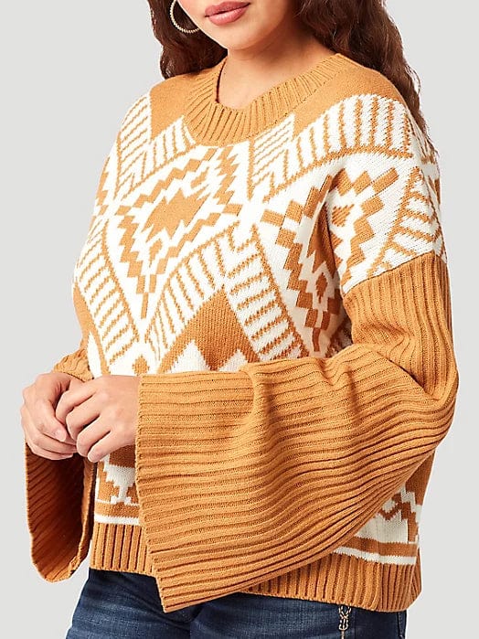 WOMEN'S WRANGLER SOUTHWESTERN BELL SLEEVE SWEATER IN MUSTARD-Sweaters-Wrangler-Whiskey Ray's Boutique, Women's Western Wear Boutique in Waxahachie, TX