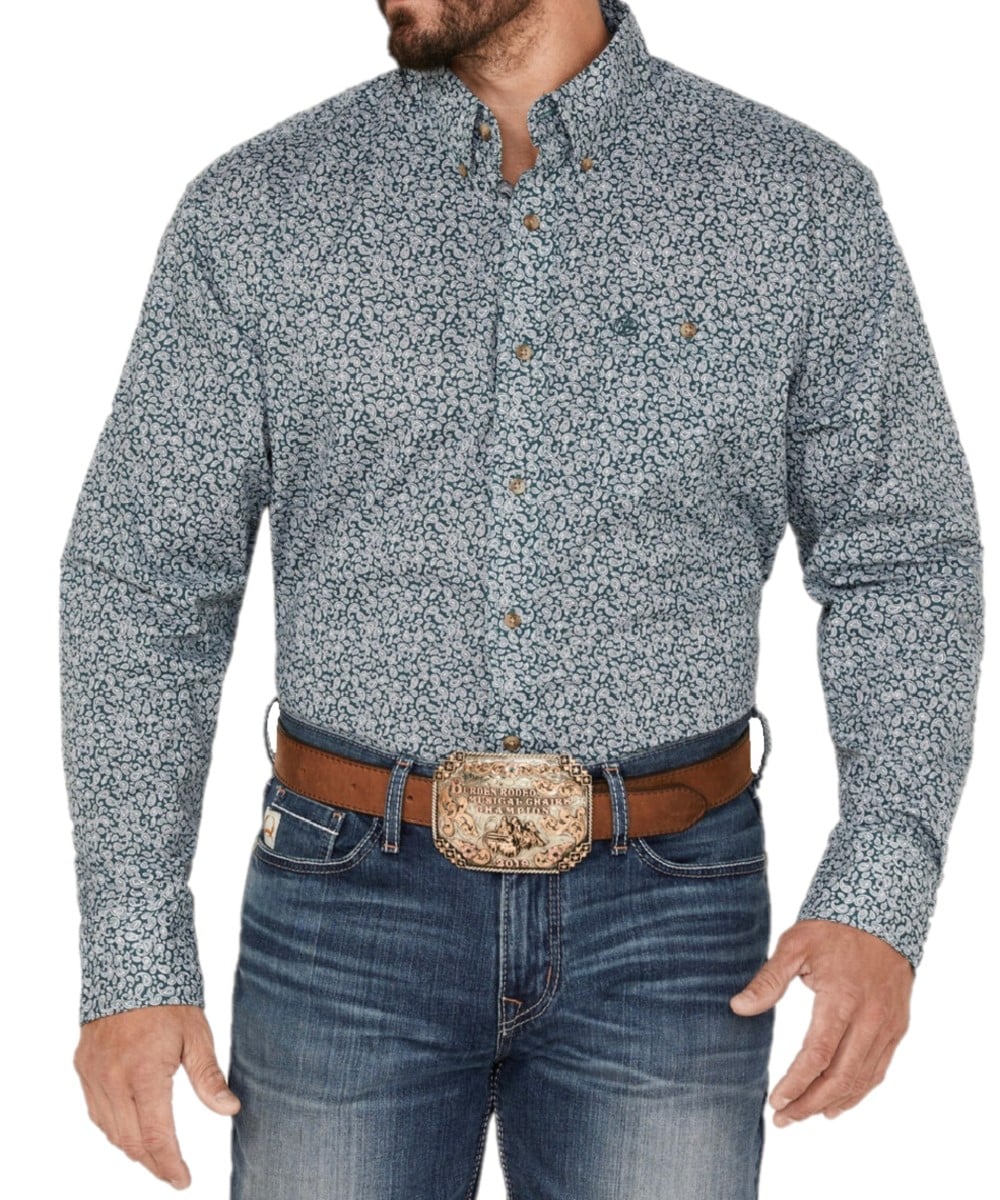 Wrangler Relaxed Fit Teal Paisley Print Shirt-Men's Shirts-Wrangler-Whiskey Ray's Boutique, Women's Western Wear Boutique in Waxahachie, TX