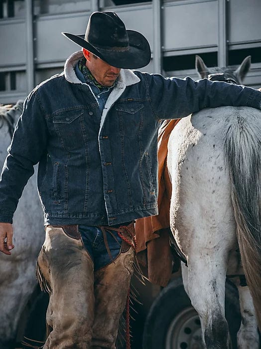 WRANGLER® WESTERN STYLED SHERPA LINED DENIM JACKET IN RUSTIC-Coats & Jackets-Wrangler-Whiskey Ray's Boutique, Women's Western Wear Boutique in Waxahachie, TX